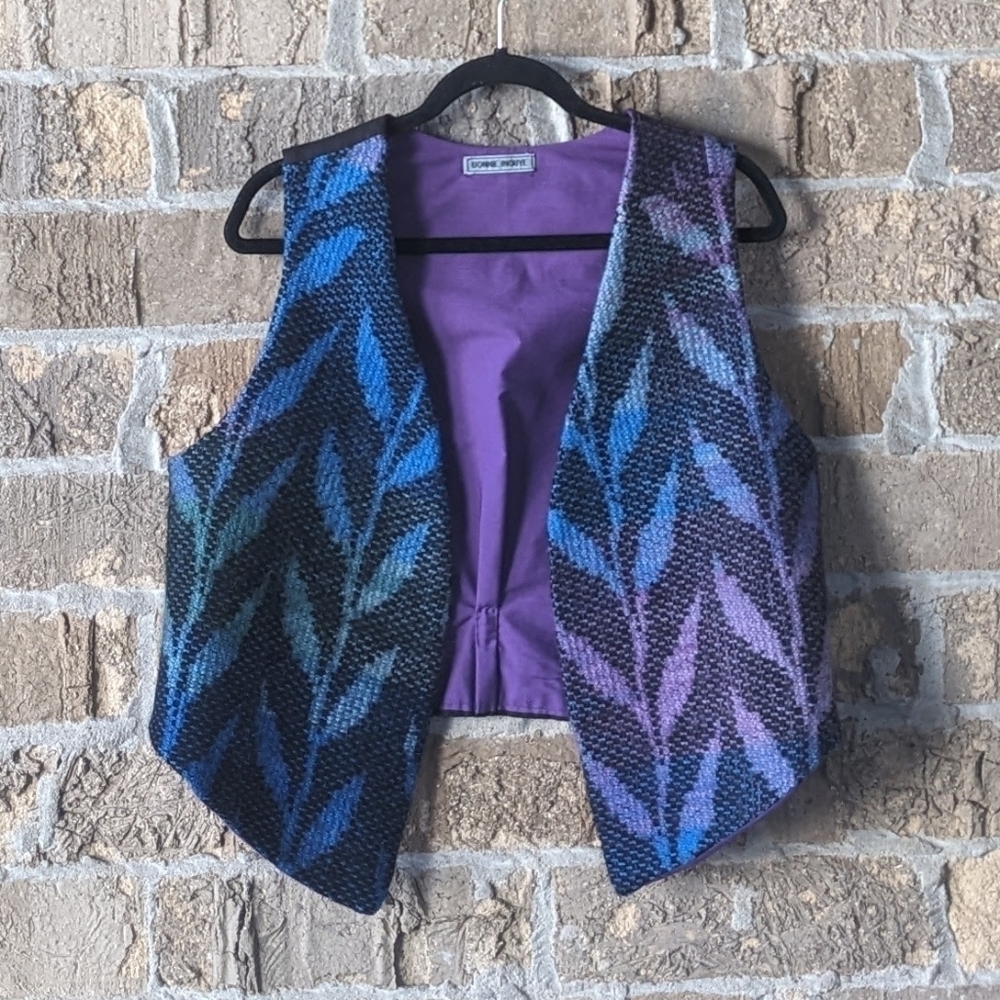 Bonnie Inouye Wool Handmade Vest Blue Purple Green Leaves Silk